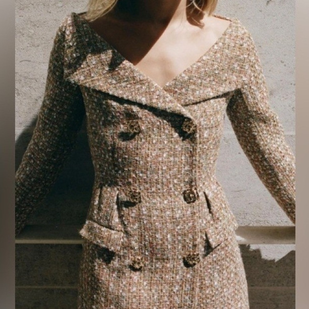Self Portrait Gold Tinsel Boucle Off Shoulder Mini Dress US 2 UK 6 NEW Regal - Picture 3 of 12